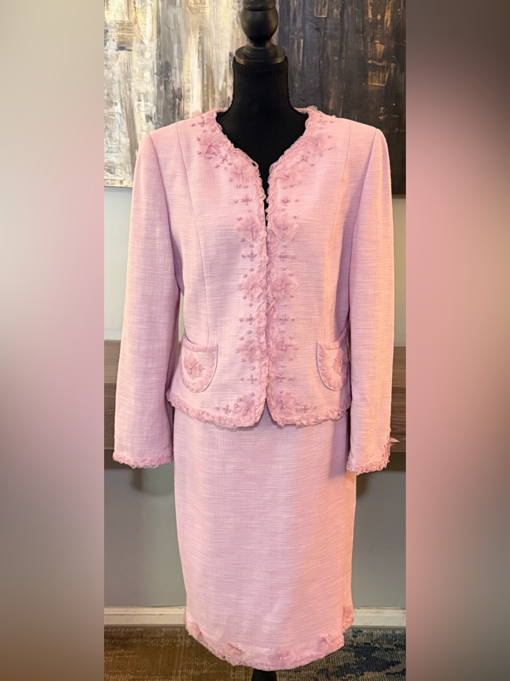 Vtg Albert Nipon Pink Cotton Tweed Skirt Suit 10 Beaded Floral Ribbon Coquette